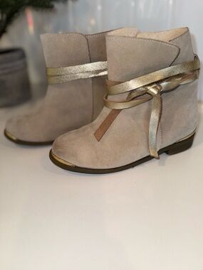 Joyfolie Girls Taupe Suede Ankle Boots with Metallic Wrap
